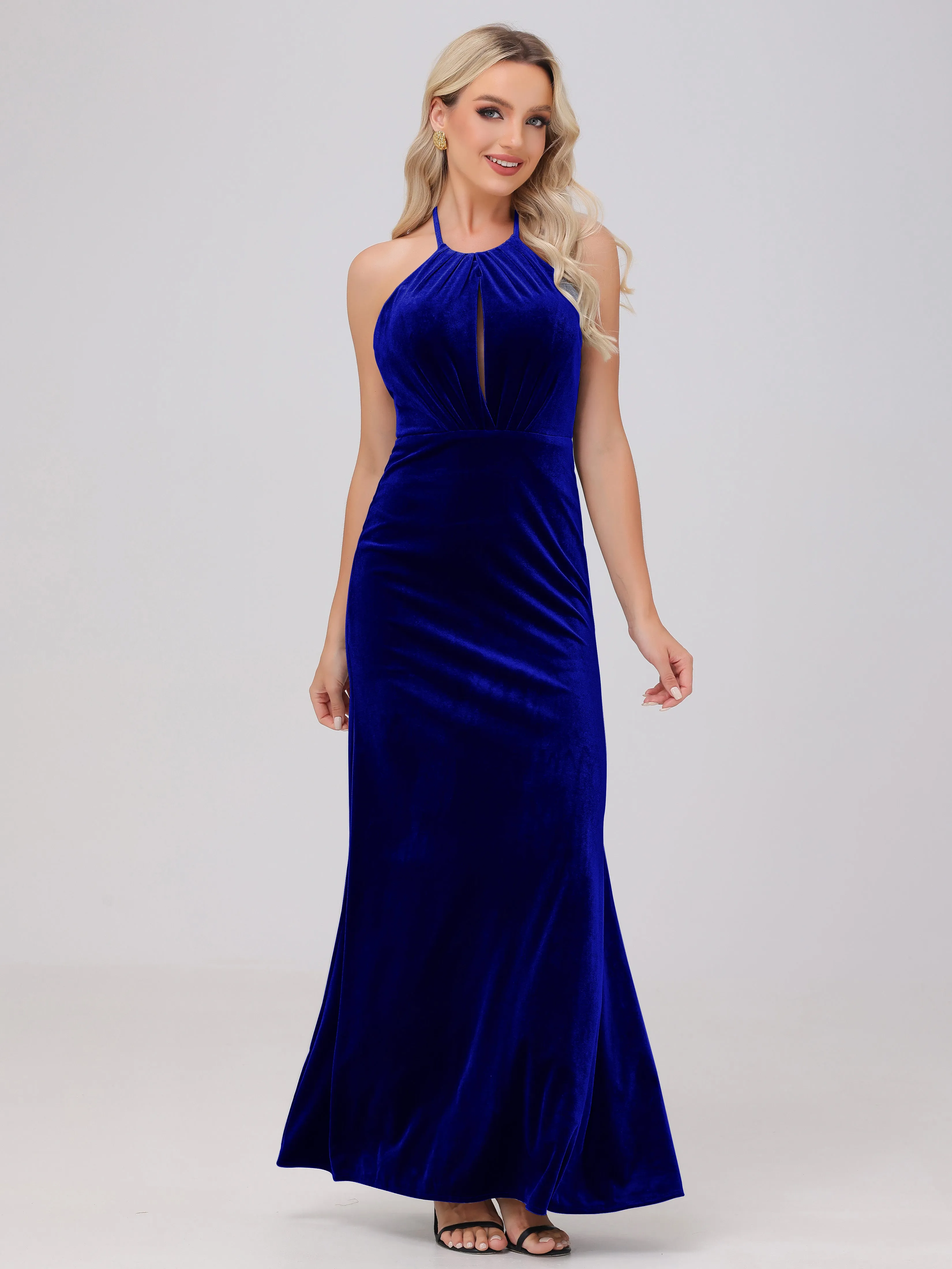 Sheath Halter Floor Length Open Back Velvet Bridesmaid Dresses