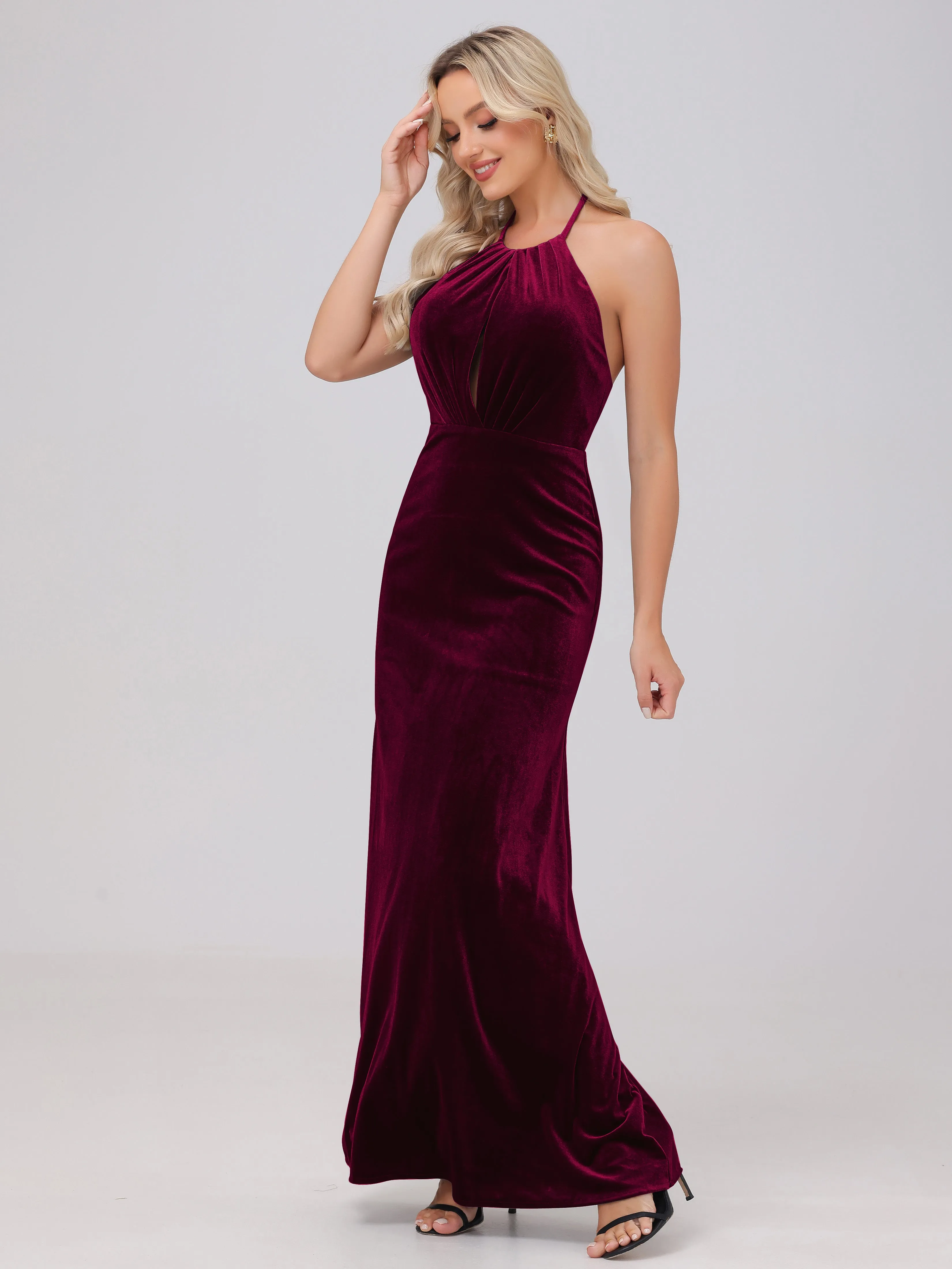 Sheath Halter Floor Length Open Back Velvet Bridesmaid Dresses