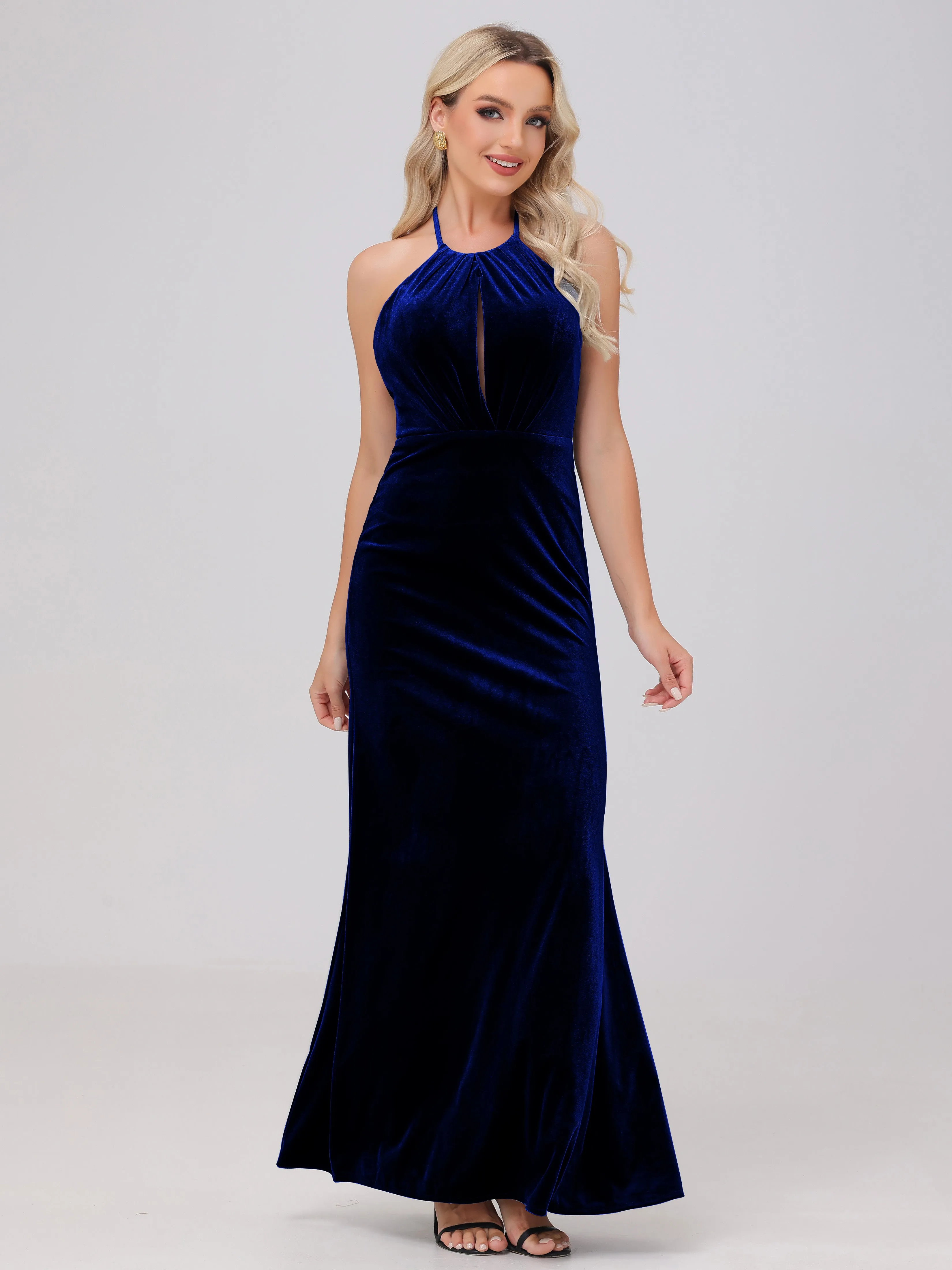 Sheath Halter Floor Length Open Back Velvet Bridesmaid Dresses
