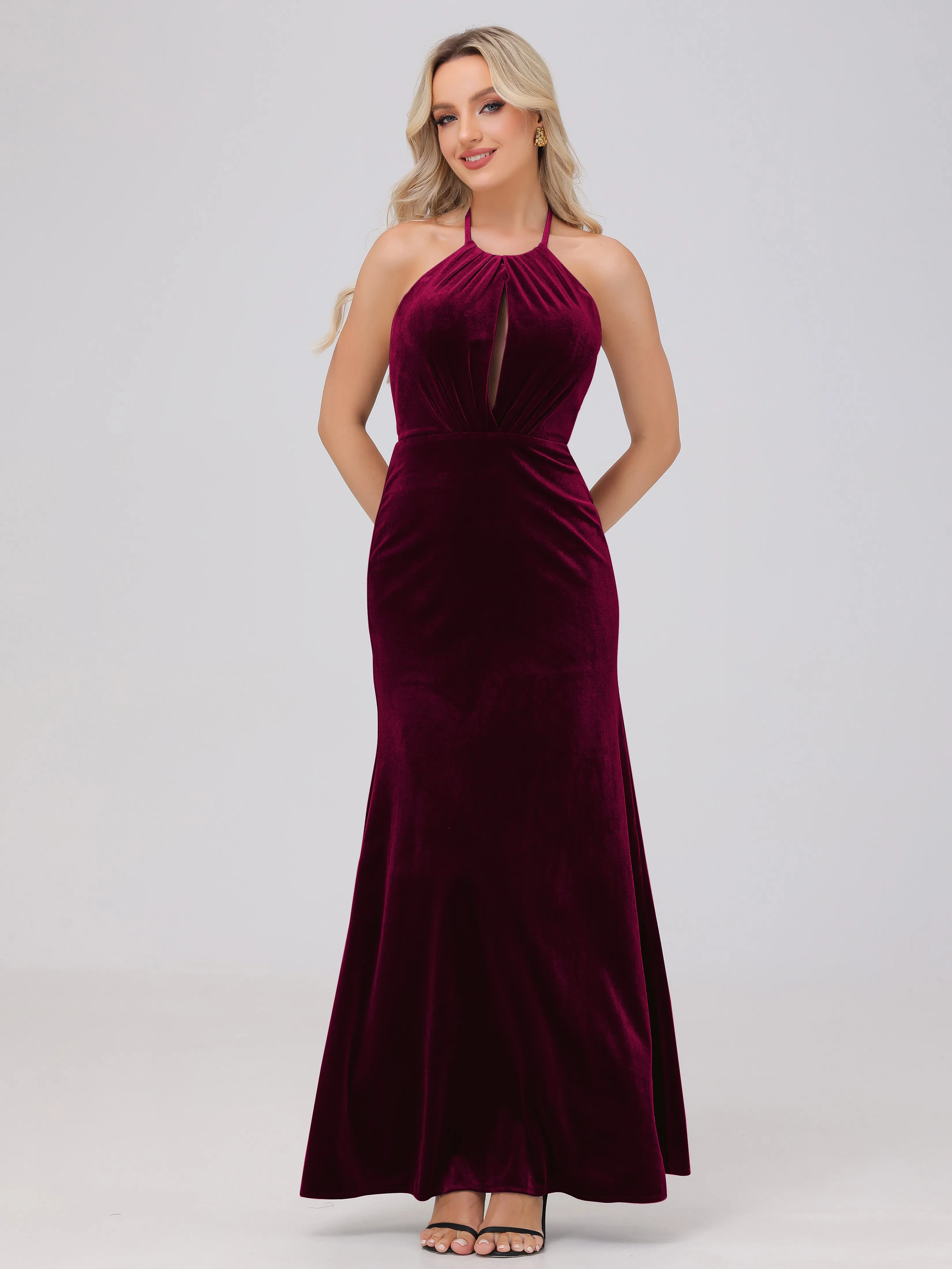 Sheath Halter Floor Length Open Back Velvet Bridesmaid Dresses