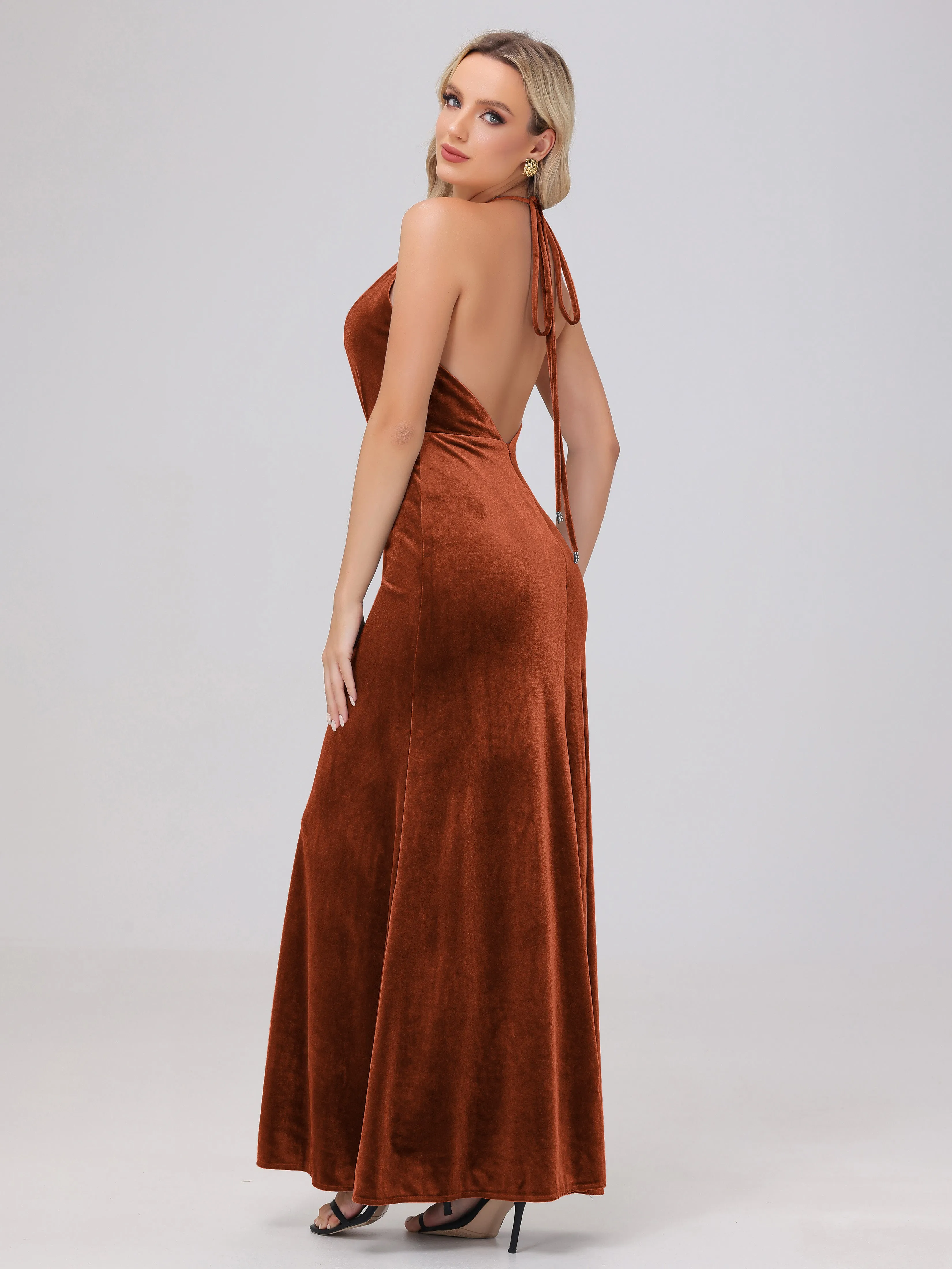 Sheath Halter Floor Length Open Back Velvet Bridesmaid Dresses
