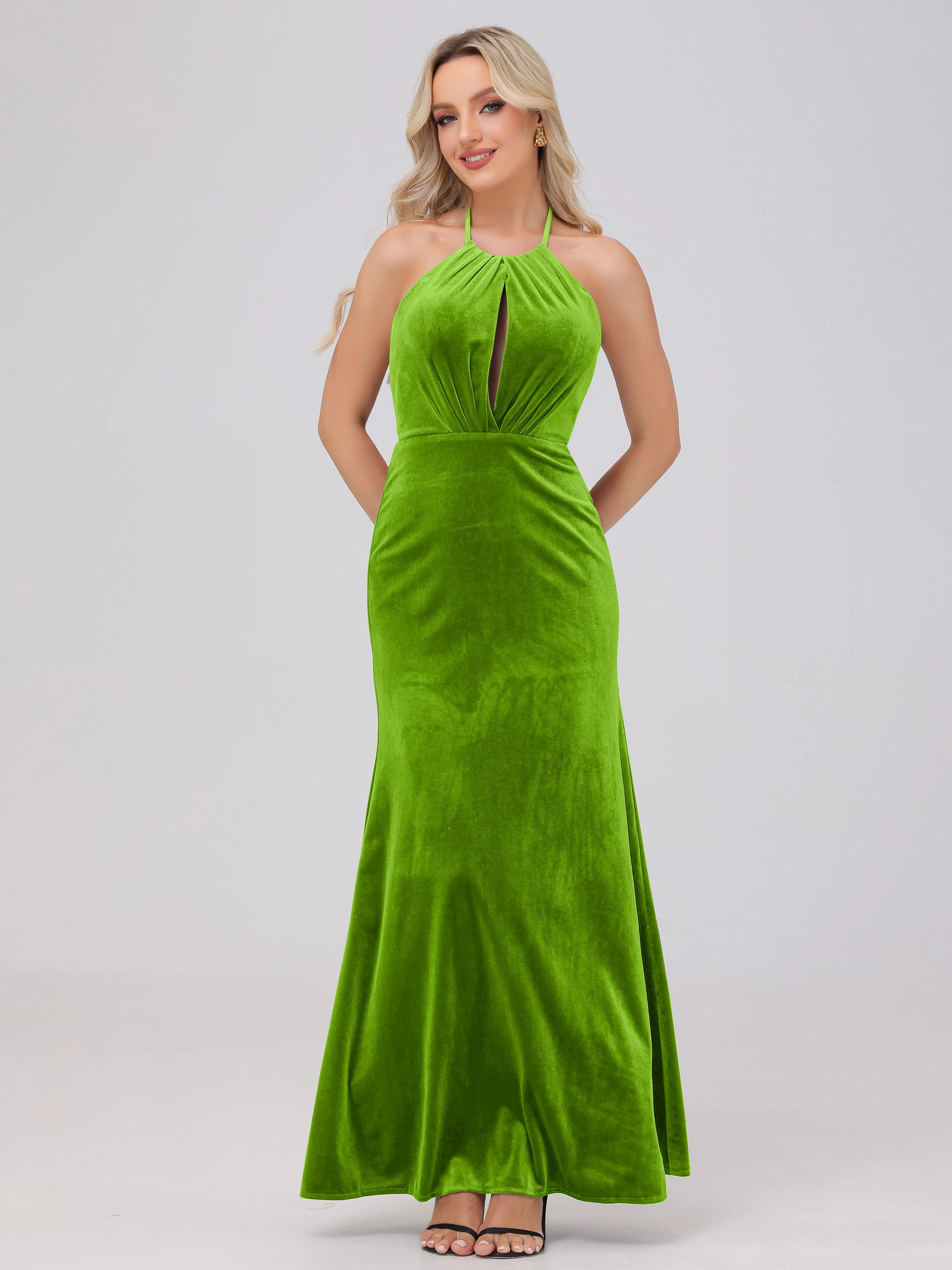 Sheath Halter Floor Length Open Back Velvet Bridesmaid Dresses