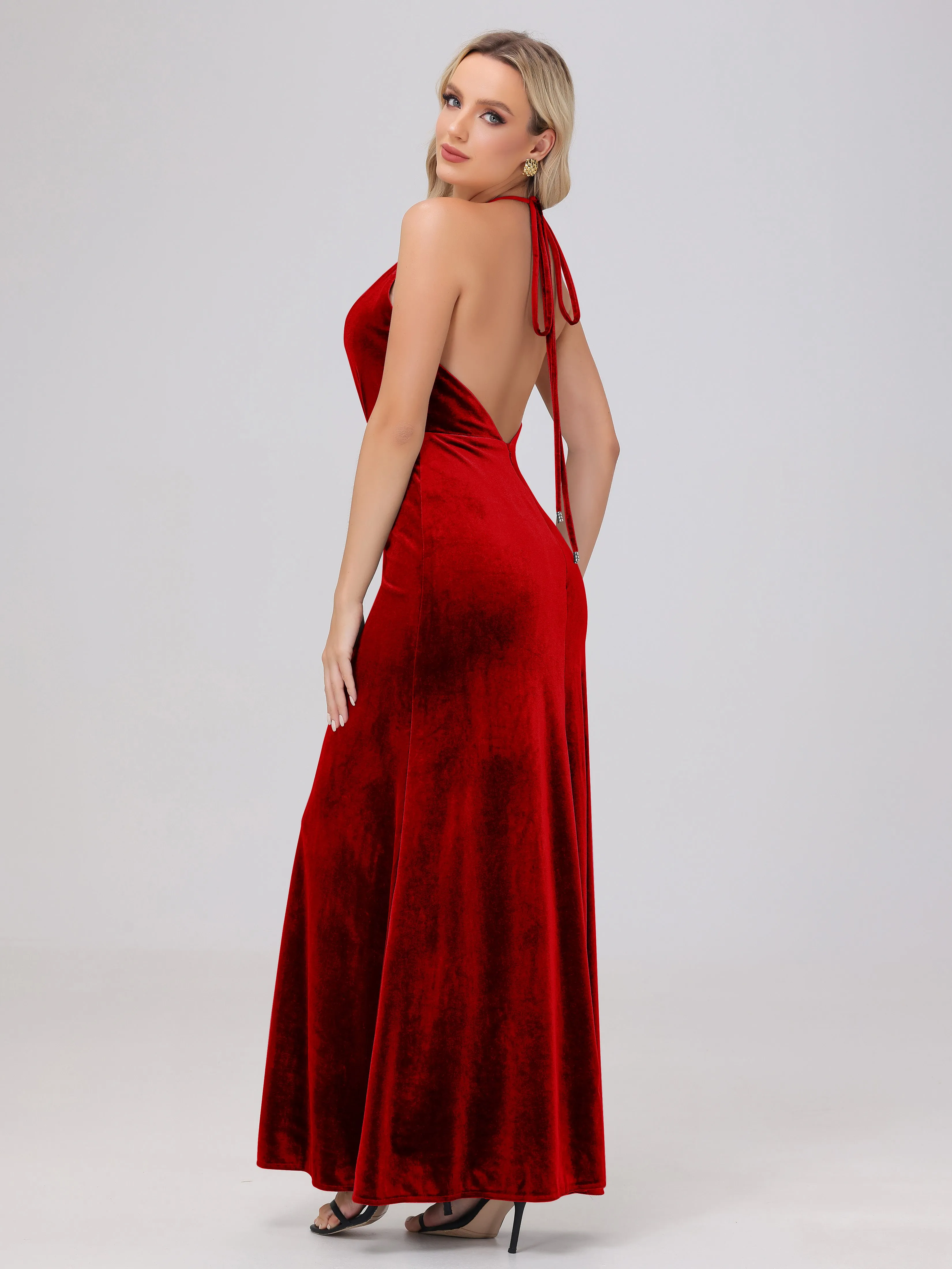 Sheath Halter Floor Length Open Back Velvet Bridesmaid Dresses