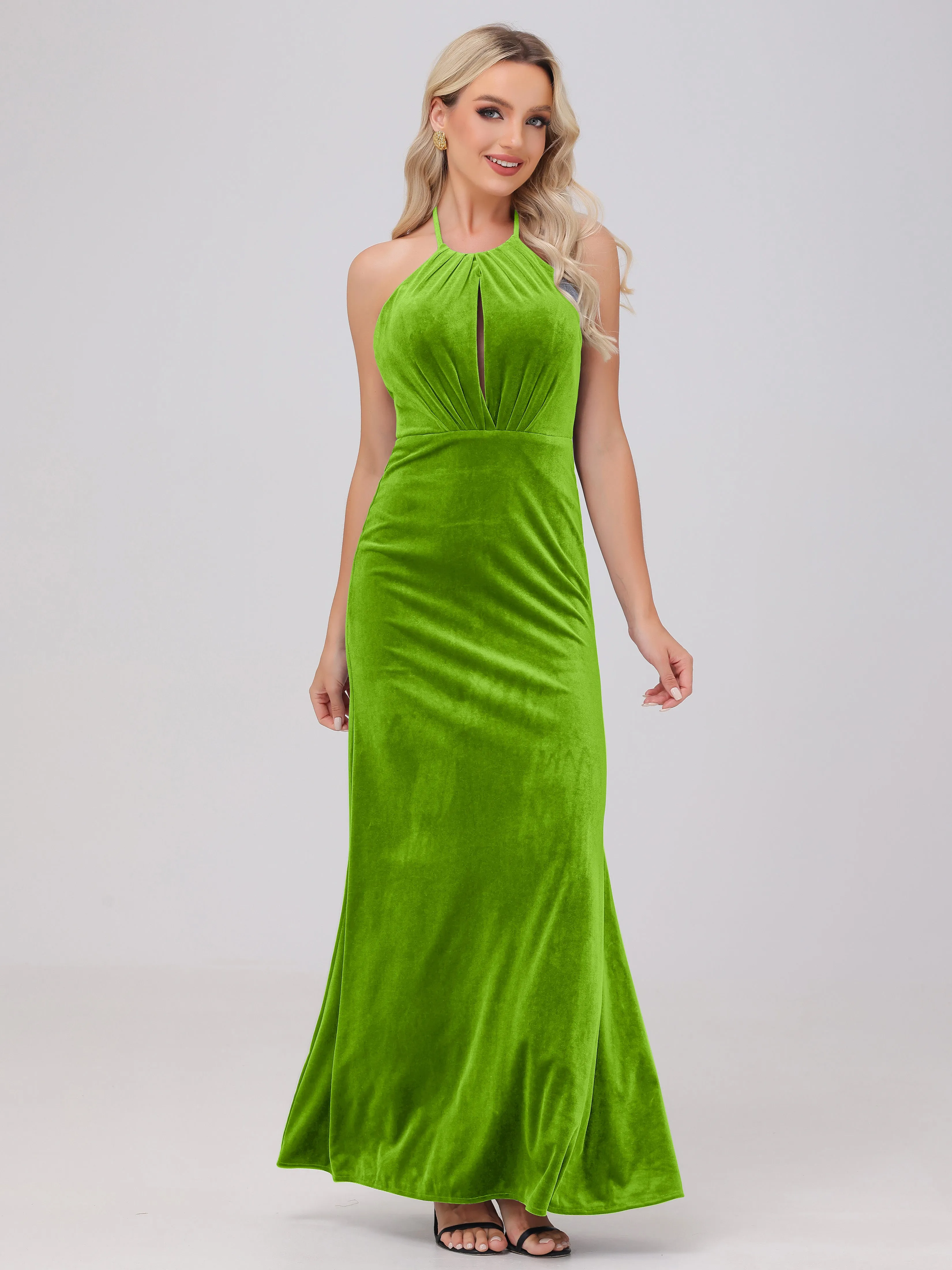 Sheath Halter Floor Length Open Back Velvet Bridesmaid Dresses