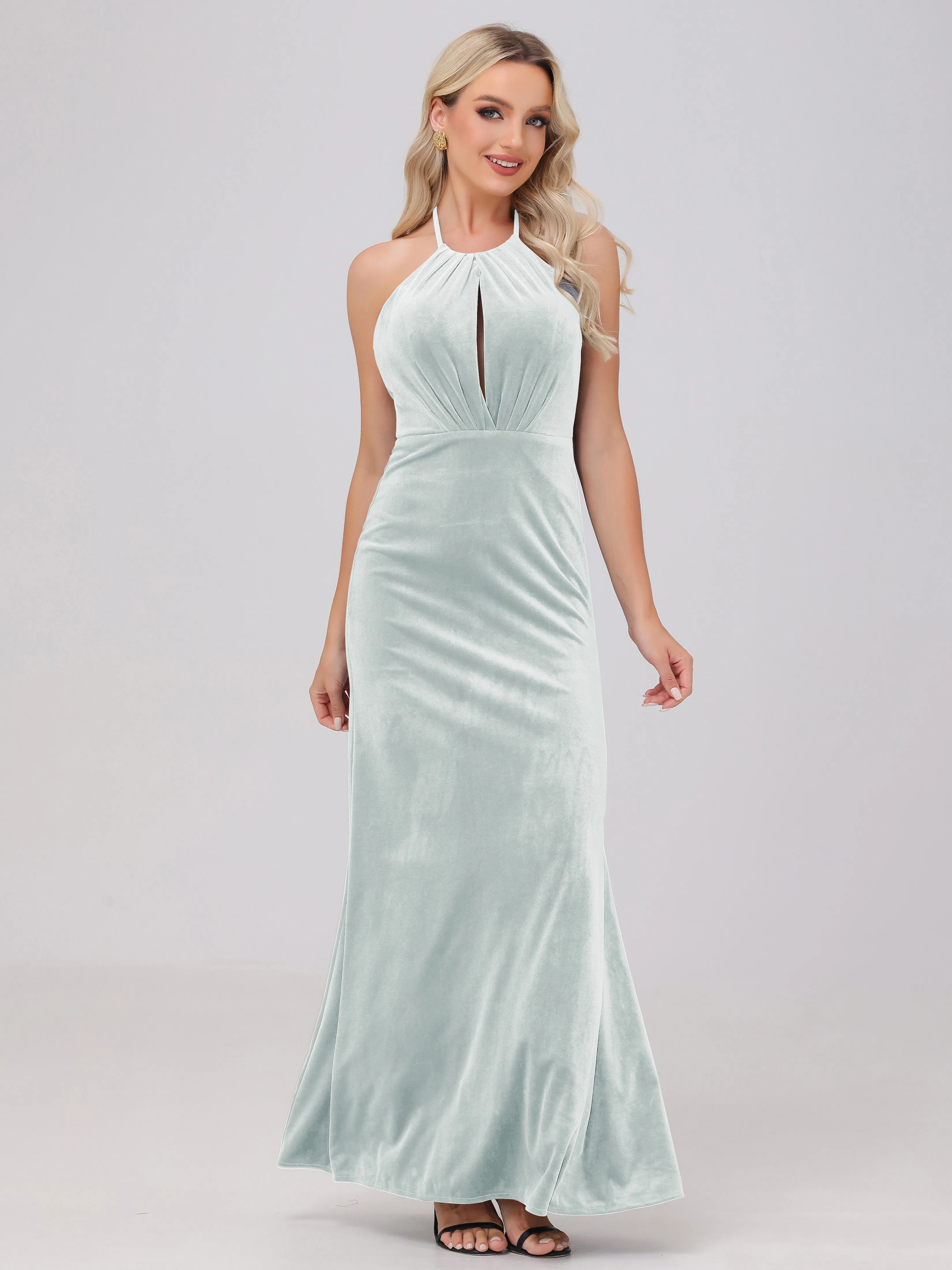 Sheath Halter Floor Length Open Back Velvet Bridesmaid Dresses