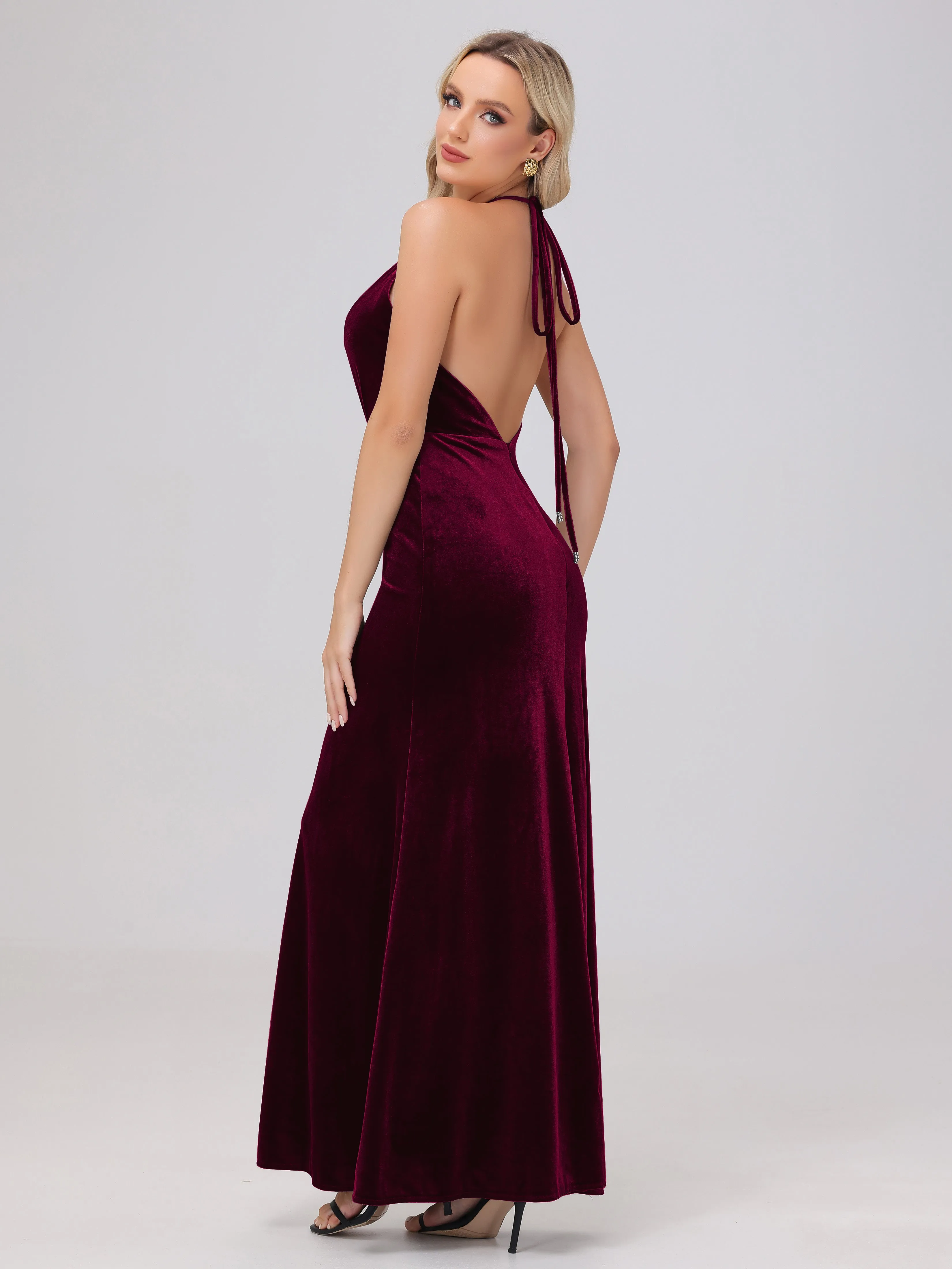 Sheath Halter Floor Length Open Back Velvet Bridesmaid Dresses