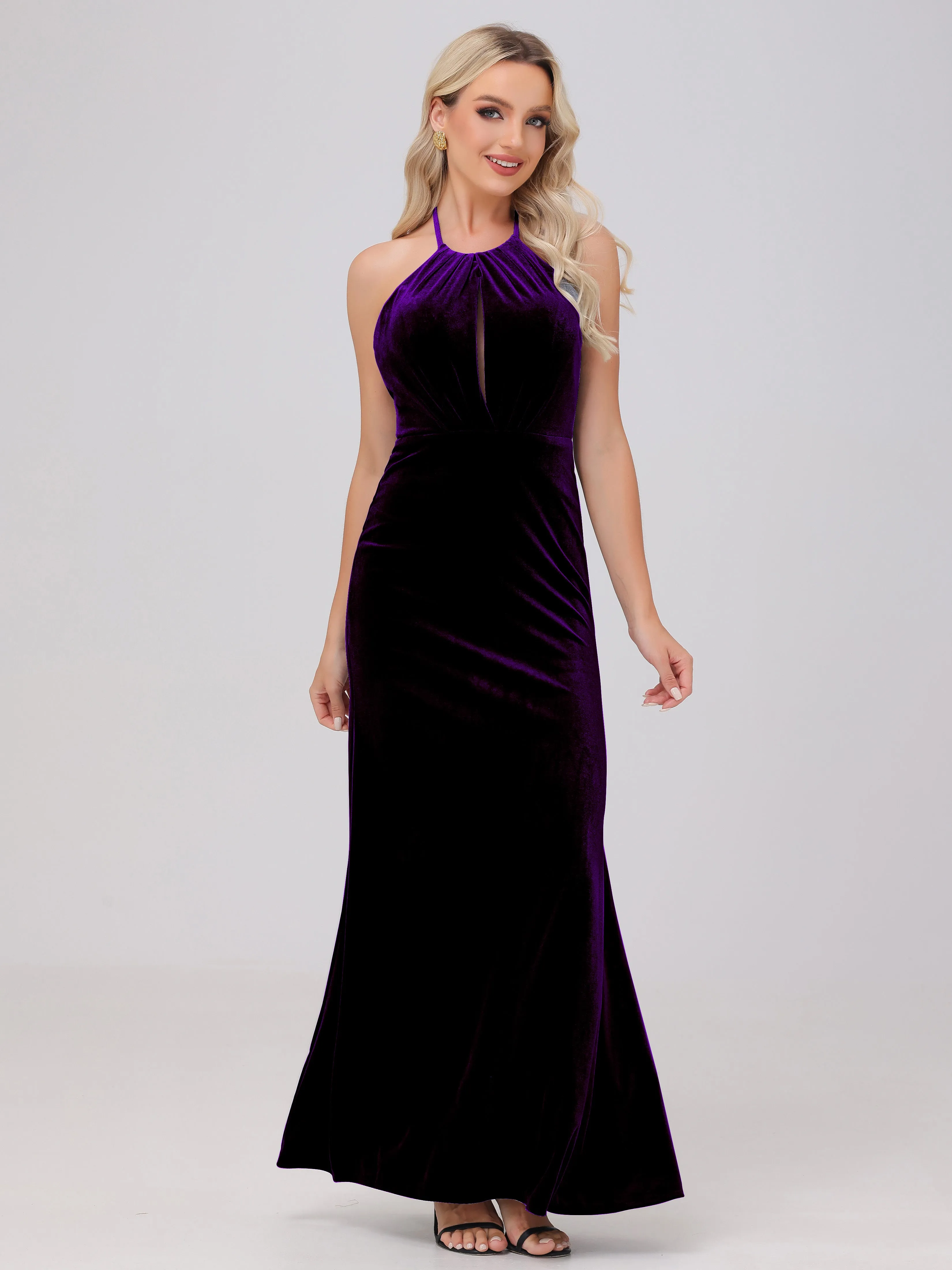 Sheath Halter Floor Length Open Back Velvet Bridesmaid Dresses