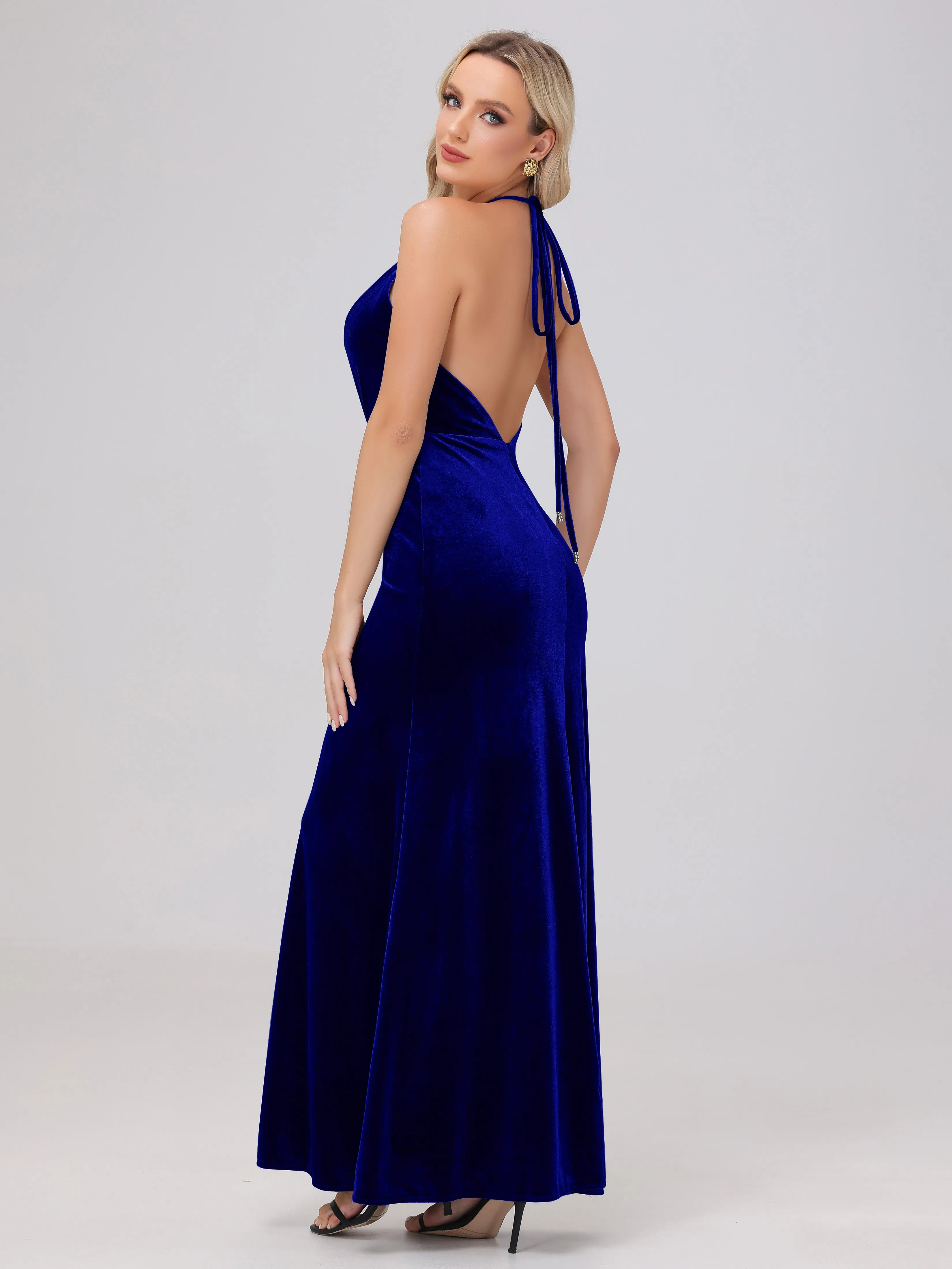 Sheath Halter Floor Length Open Back Velvet Bridesmaid Dresses