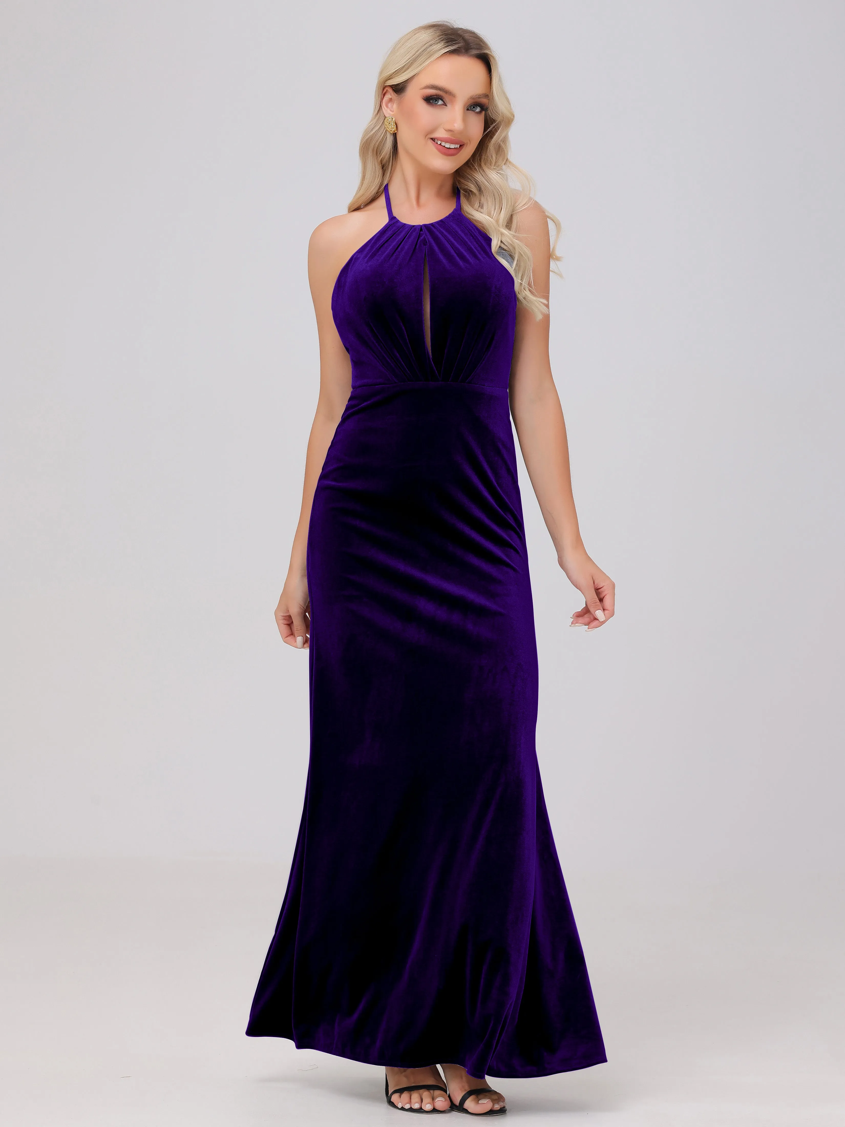 Sheath Halter Floor Length Open Back Velvet Bridesmaid Dresses