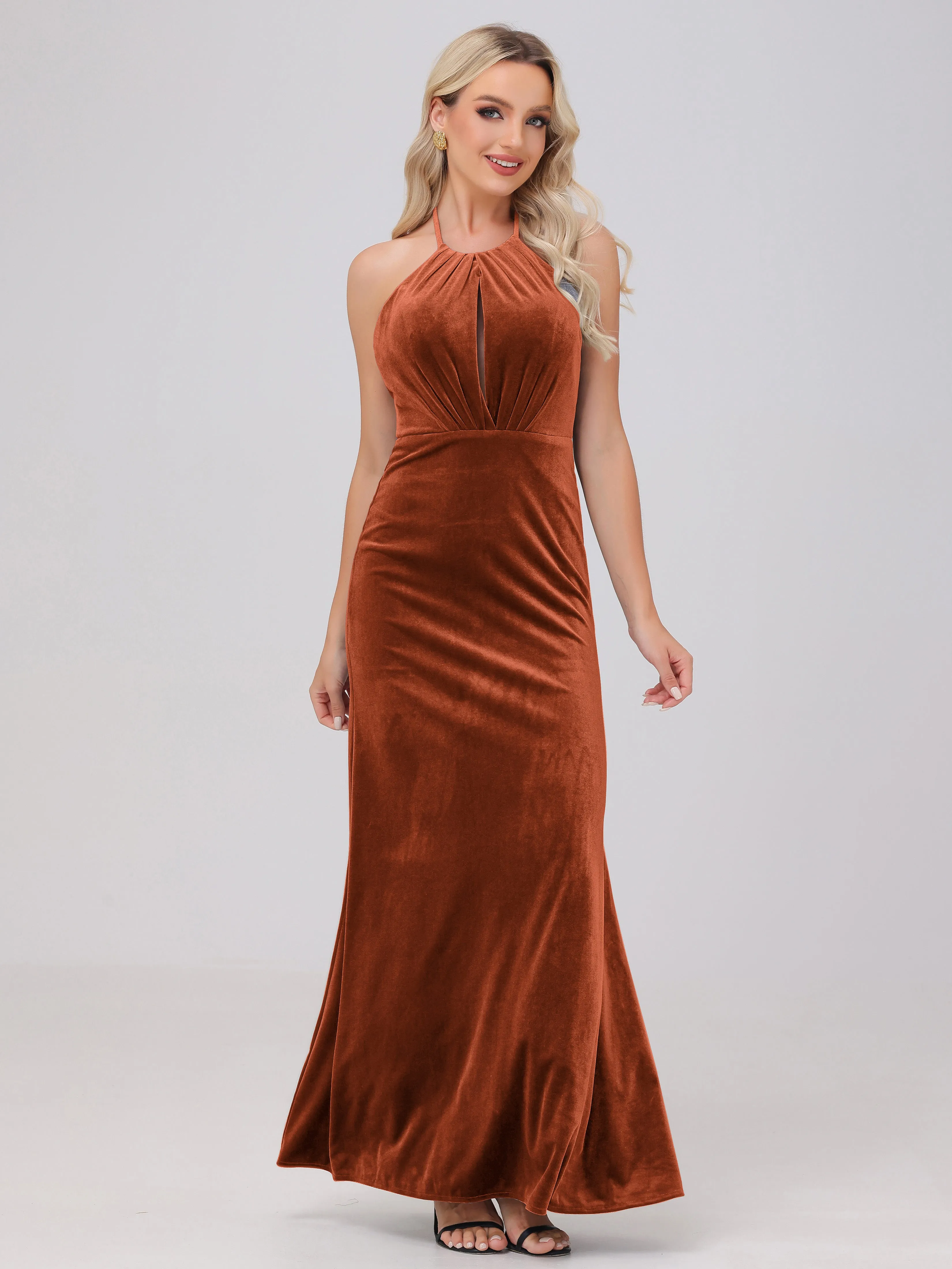 Sheath Halter Floor Length Open Back Velvet Bridesmaid Dresses
