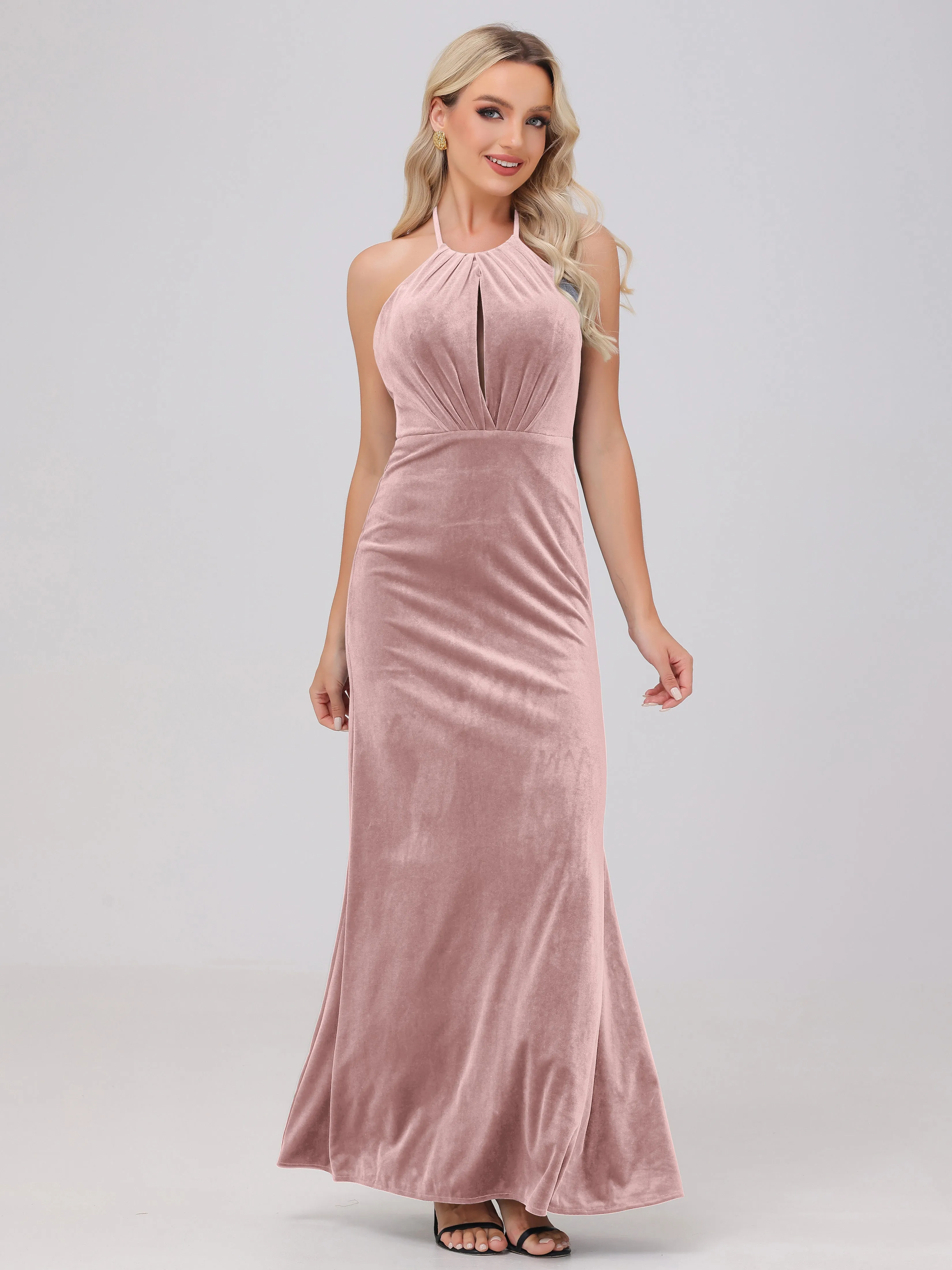 Sheath Halter Floor Length Open Back Velvet Bridesmaid Dresses