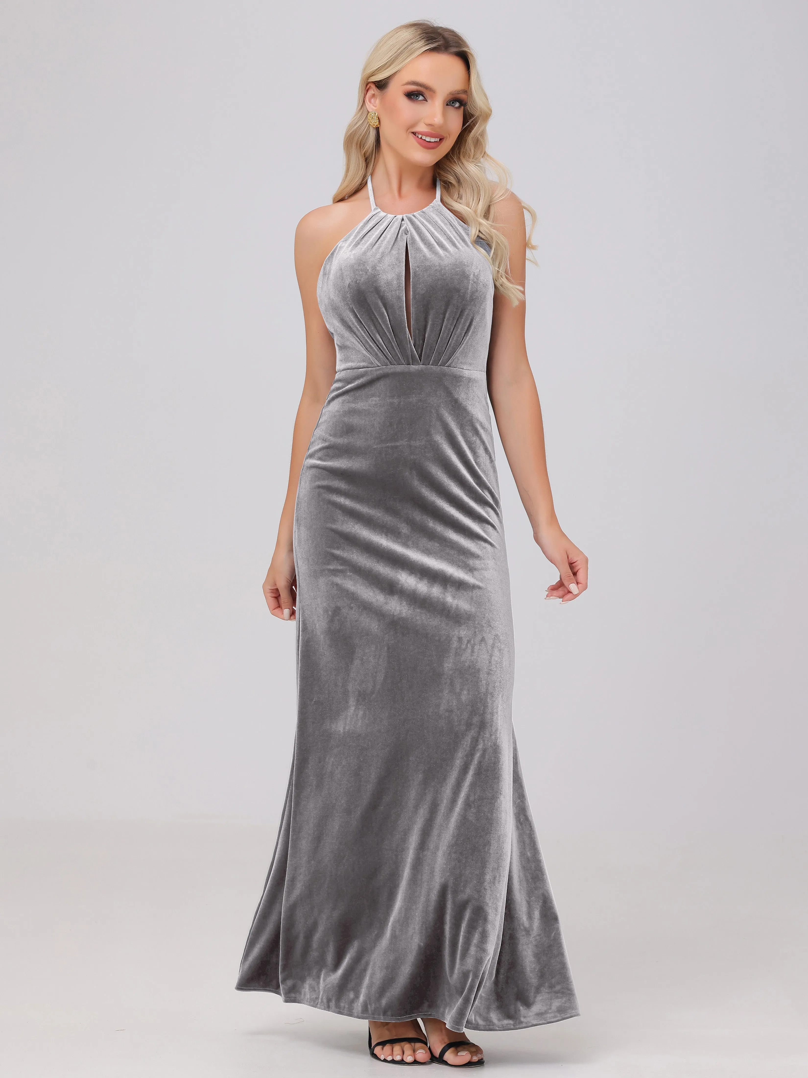 Sheath Halter Floor Length Open Back Velvet Bridesmaid Dresses