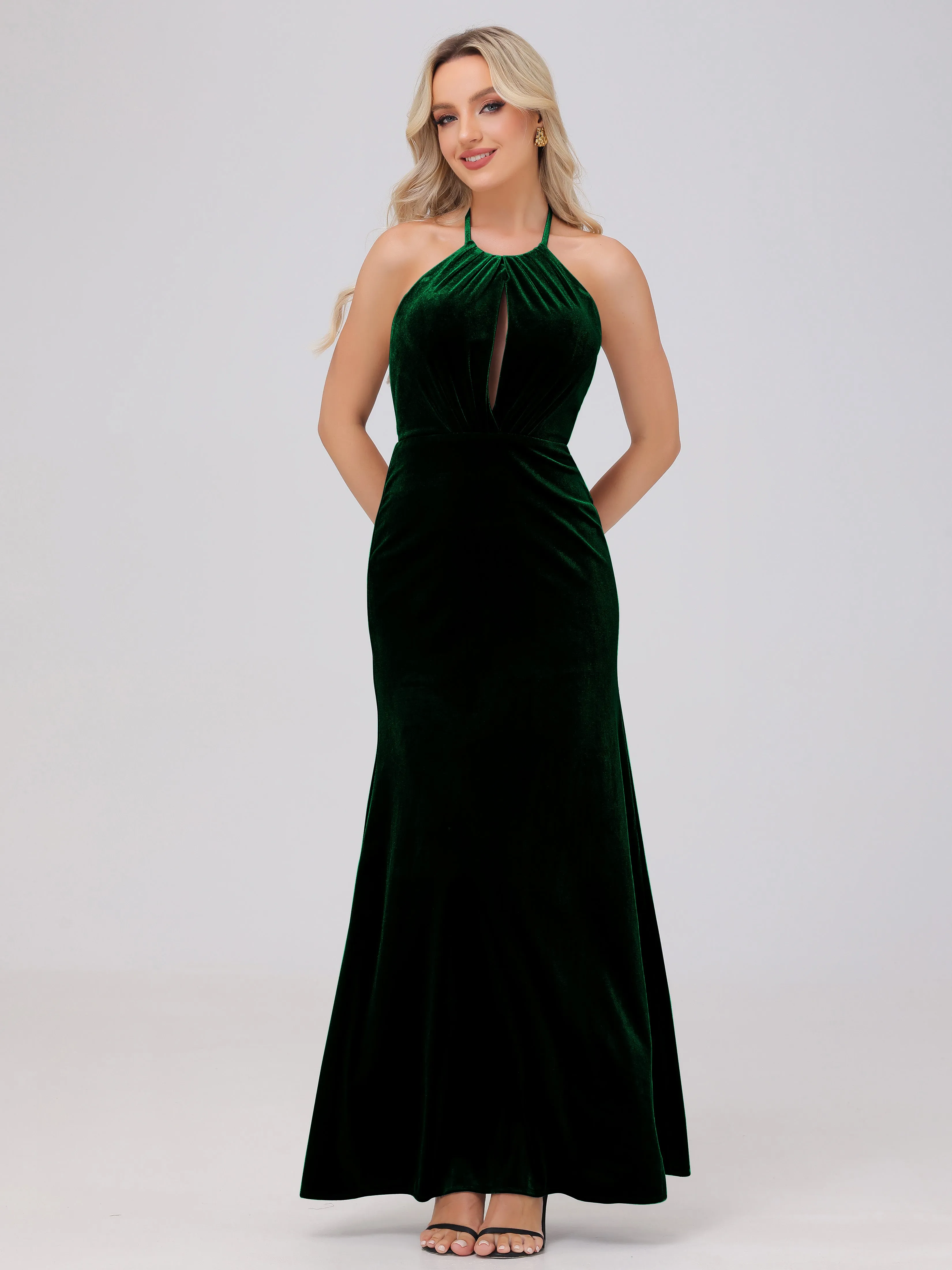 Sheath Halter Floor Length Open Back Velvet Bridesmaid Dresses