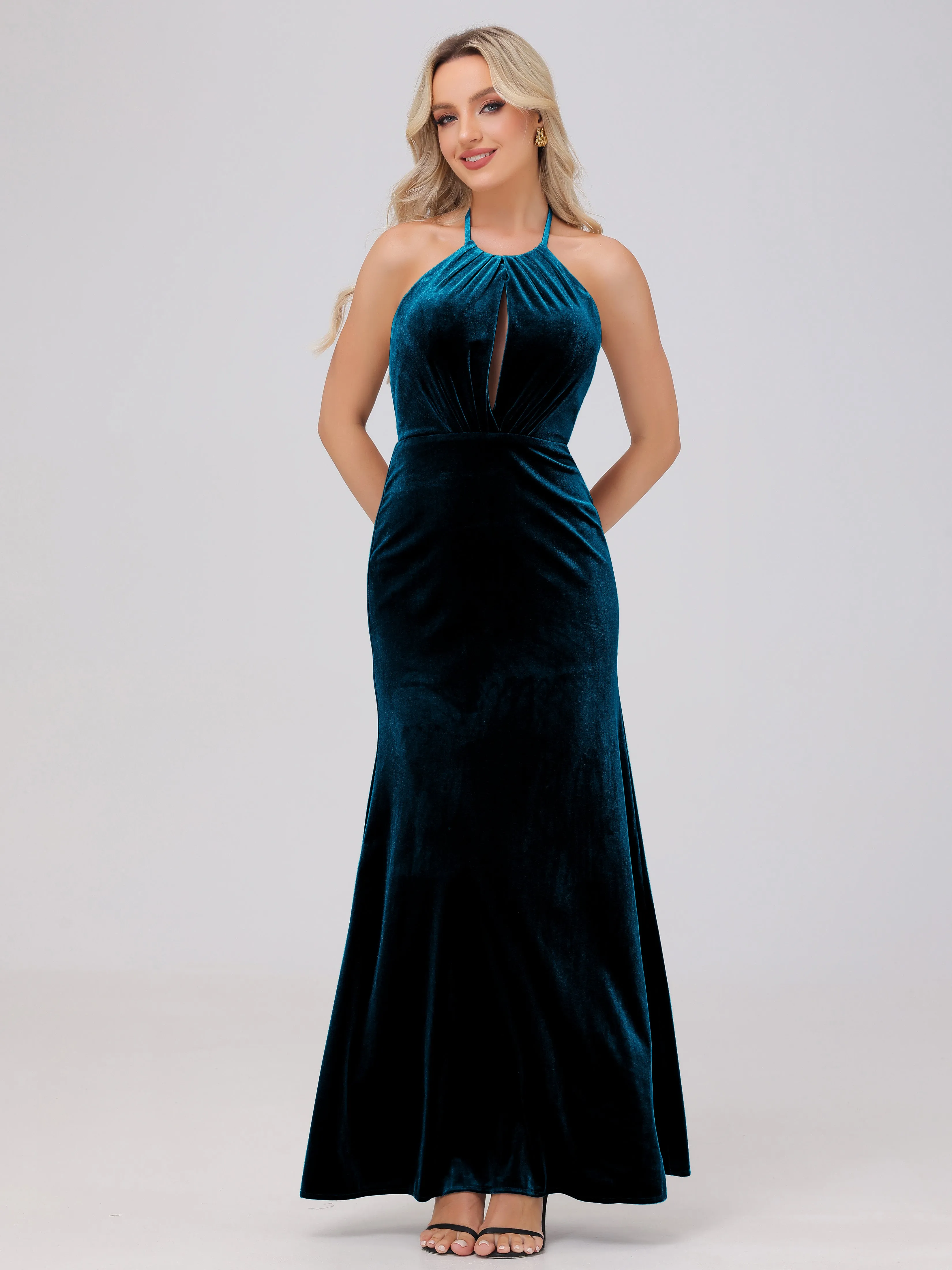 Sheath Halter Floor Length Open Back Velvet Bridesmaid Dresses