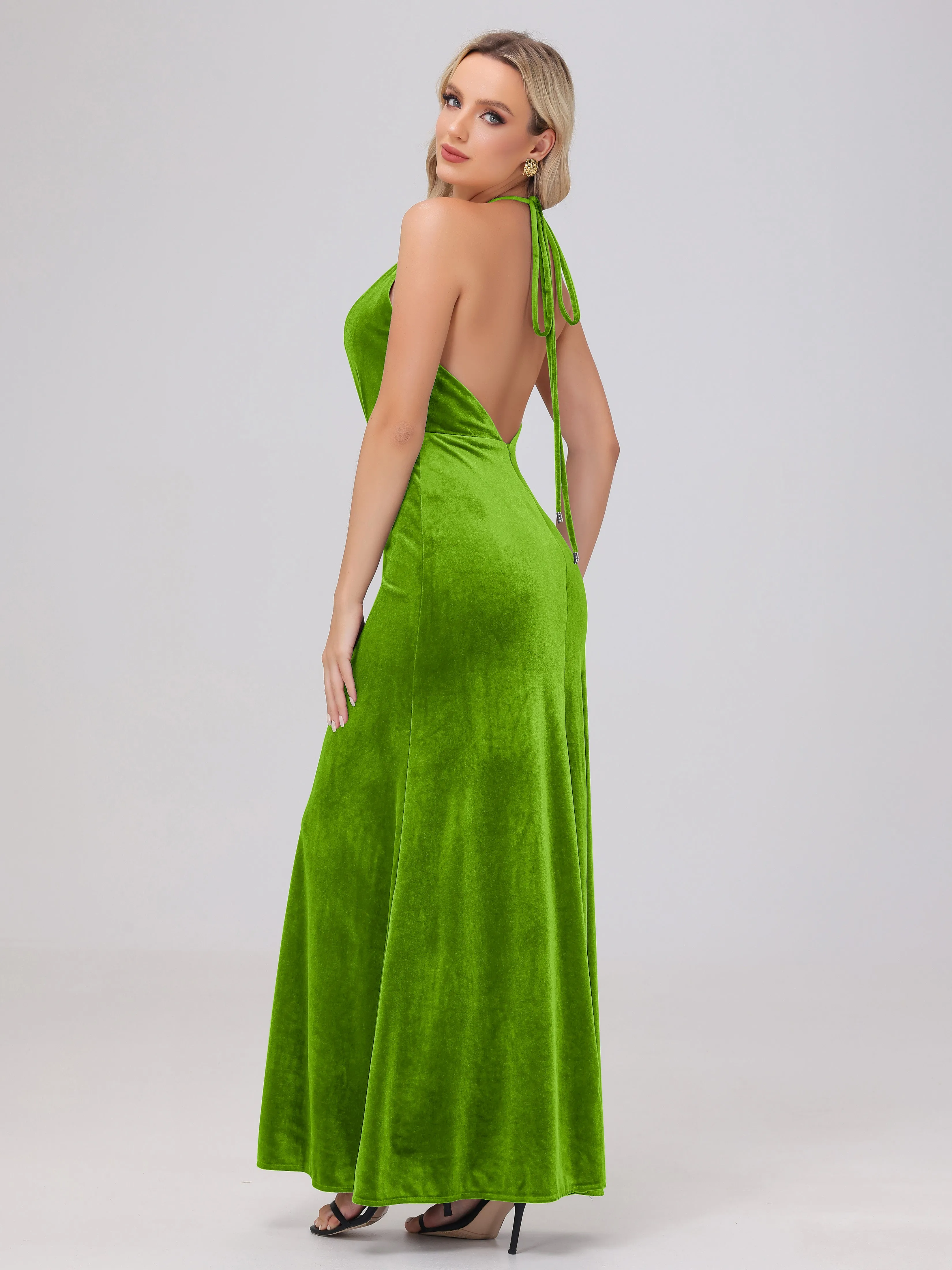 Sheath Halter Floor Length Open Back Velvet Bridesmaid Dresses