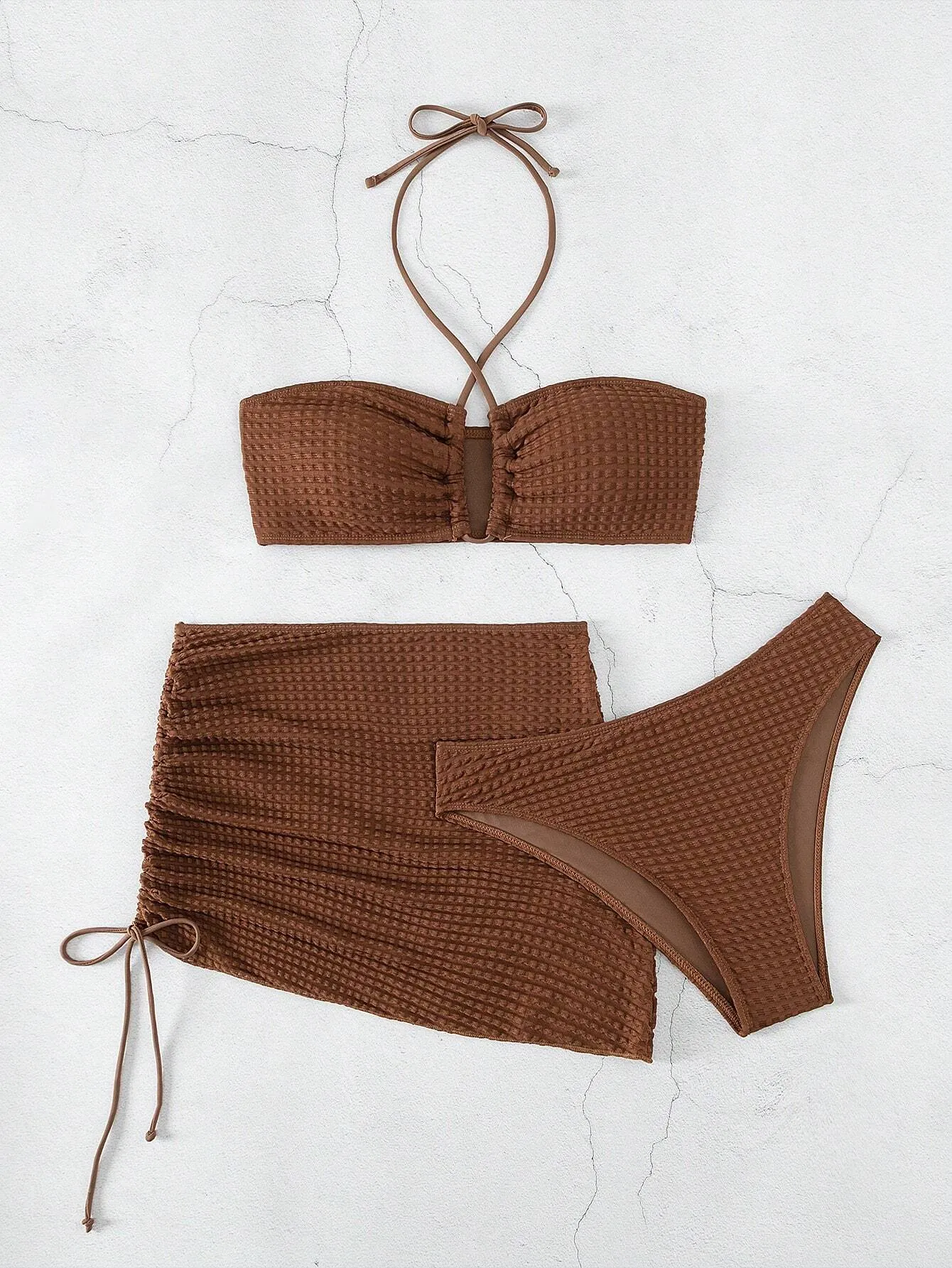 SHEIN Swim Summer Beach Solid Bikini Set Halter Bikini Top & Bikini & Drawstring Ruched Beach Skirt 3 Piece Swimsuit
