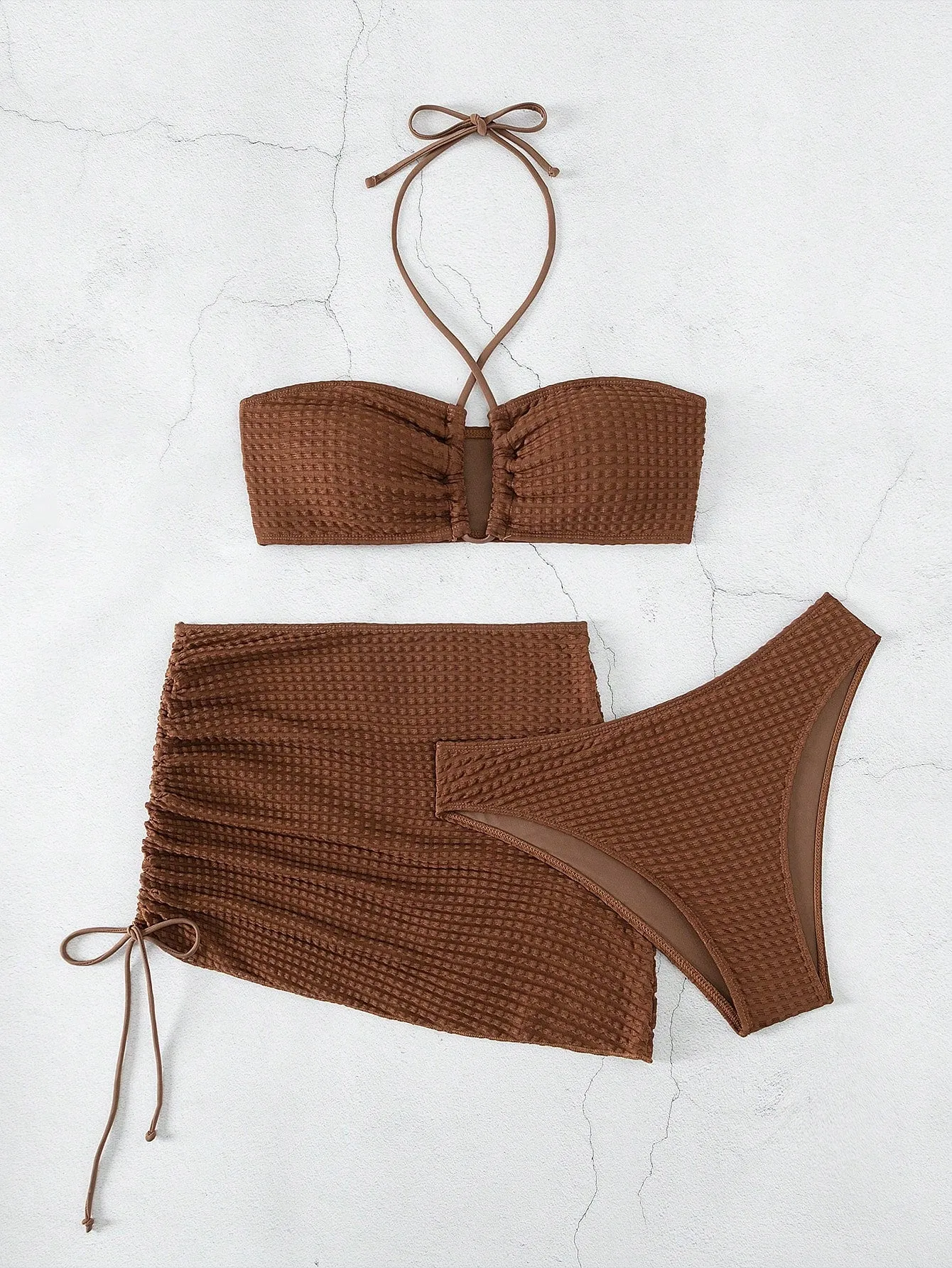 SHEIN Swim Summer Beach Solid Bikini Set Halter Bikini Top & Bikini & Drawstring Ruched Beach Skirt 3 Piece Swimsuit