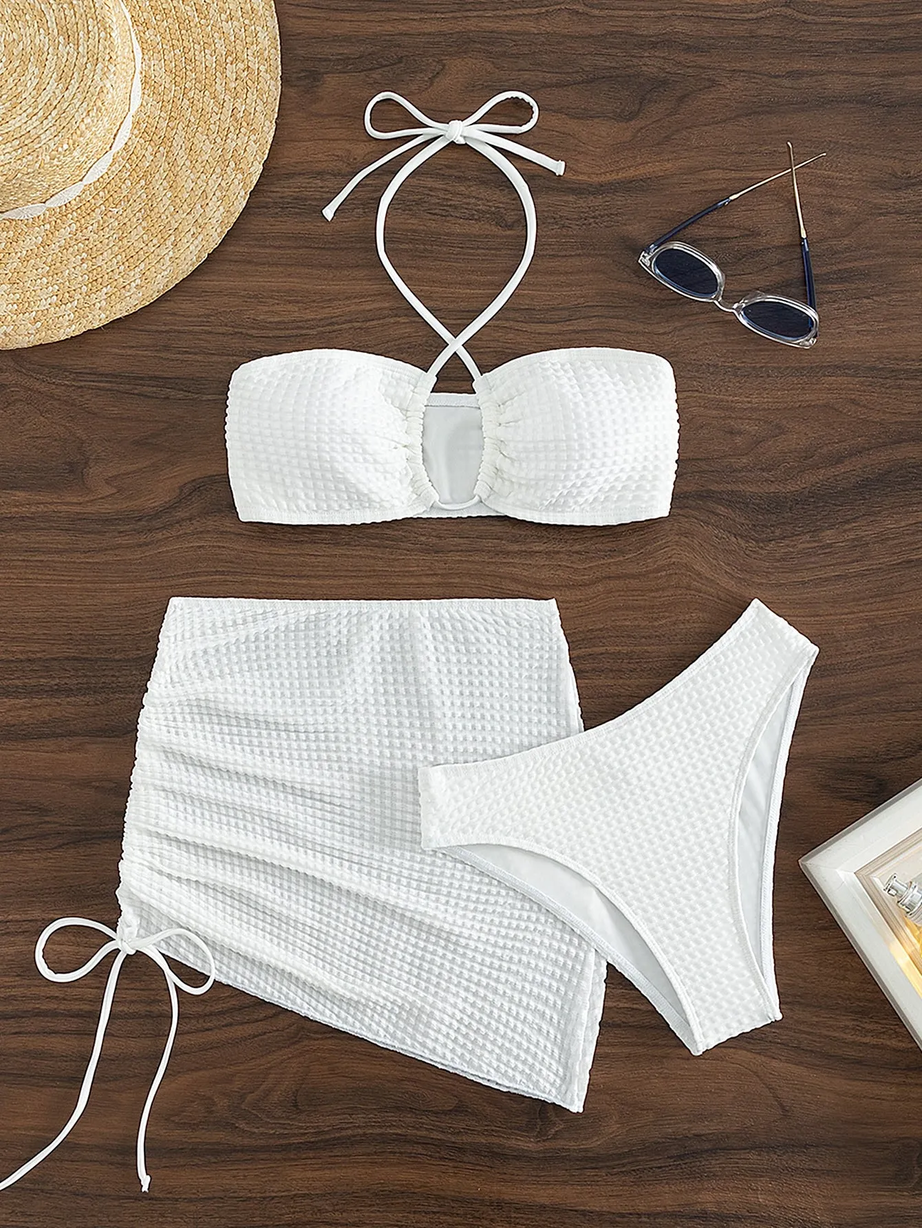 SHEIN Swim Summer Beach Solid Bikini Set Halter Bikini Top & Bikini & Drawstring Ruched Beach Skirt 3 Piece Swimsuit